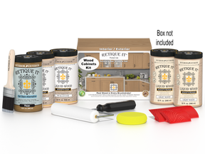 Retique It® Wood'n Cabinet Kit with 24 pickled oak grained cabinet doors and stain, showing textured wood grain and door panels.