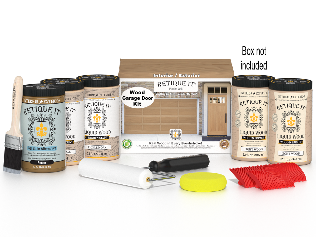 Retique It Pickled Oak Wood Garage Door Kit with Liquid Wood, Pecan Gel Stain Alternative, yellow sponge, red graining tool, roller, brush, and kit box.