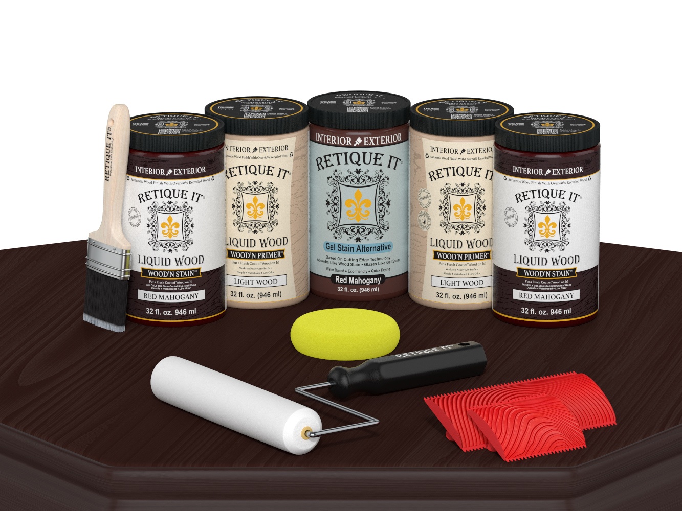 Retique It Red Mahogany Wood'n Kit featuring Red Mahogany Liquid Wood stain, Light Wood primer, Red Mahogany Gel Stain Alternative, paint brush, white roller, yellow sponge, and red graining tools displayed on a dark wood tabletop.