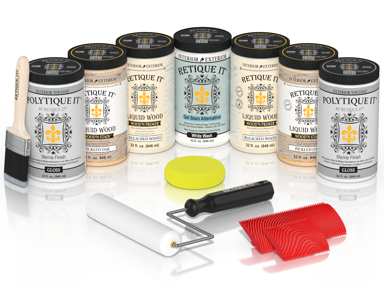 Retique It Sunbleached Wood Kit with Liquid Wood, White Wash Gel Stain Alternative, Politique It Gloss Finish, yellow sponge, red graining tool, rollers, and brush.