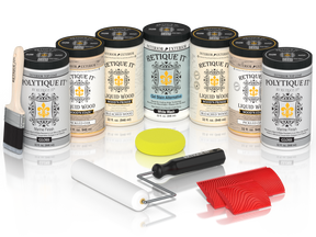 Retique It Sunbleached Wood Kit with Liquid Wood, White Wash Gel Stain Alternative, Politique It Gloss Finish, yellow sponge, red graining tool, rollers, and brush.