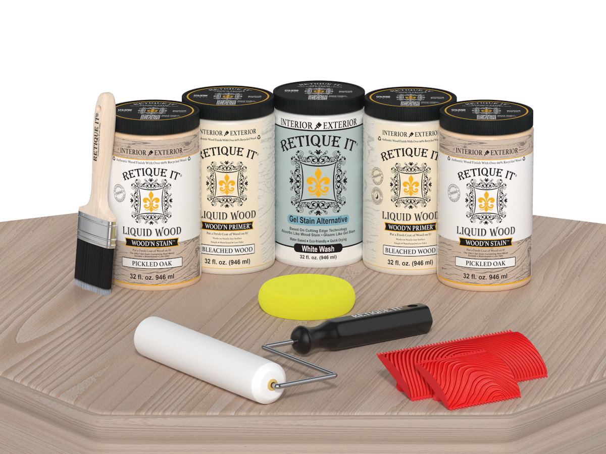 Retique It® Wood'n Cabinet Kit with 24 grained, sun-bleached wood finish doors displayed on a table.