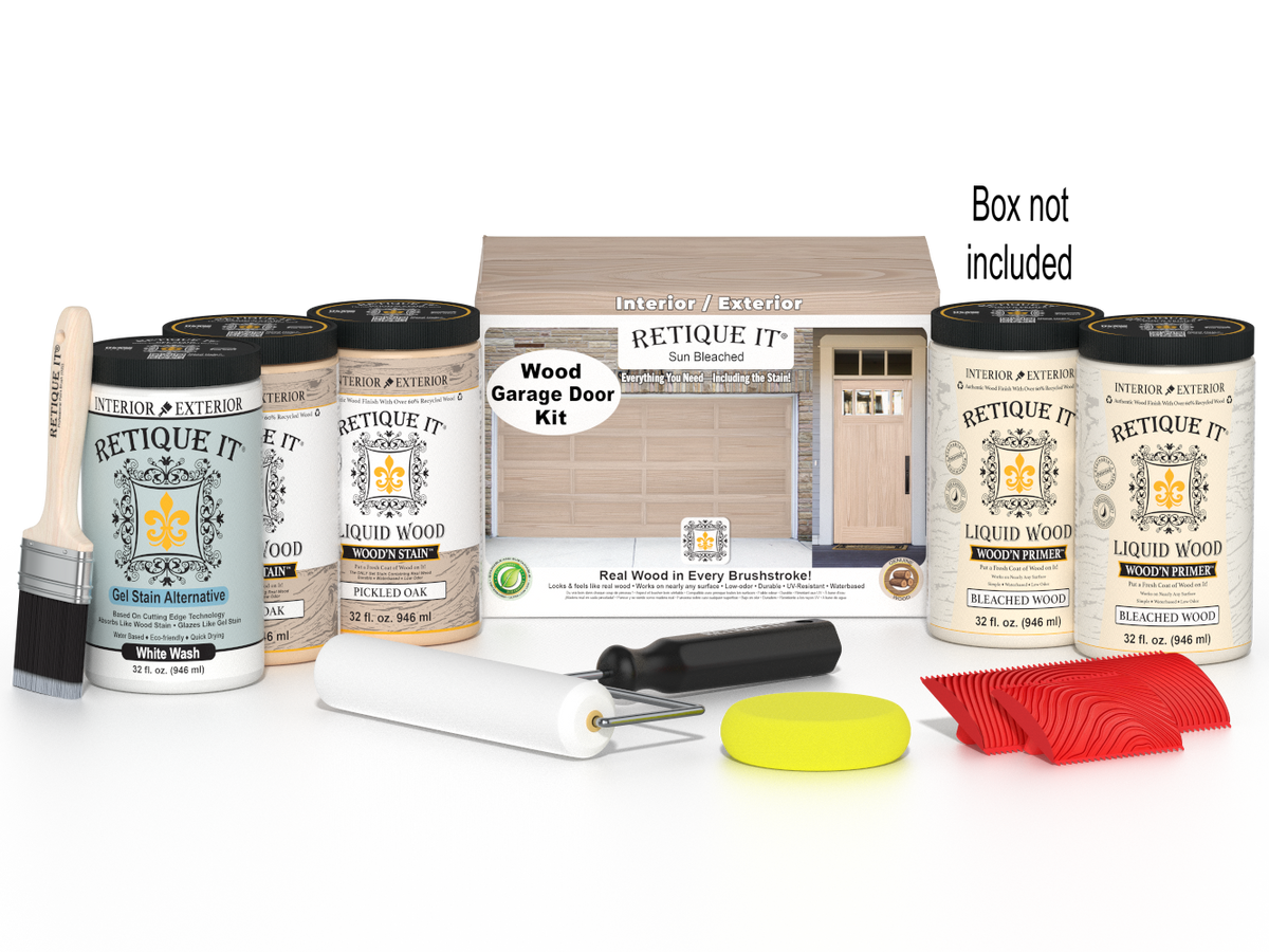 Retique It Sun Bleached Wood Garage Door Kit with Liquid Wood Wood'n Primer in Bleached Wood, Liquid Wood Wood'n Stain in Pickled Oak, White Wash Gel Stain Alternative, paintbrush, roller, yellow sponge, red graining tools, and product box displayed for creating a realistic wood-look garage door finish.
