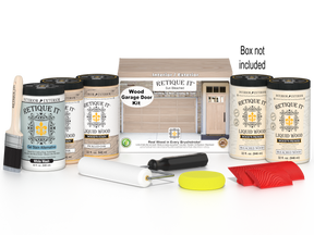 Retique It Sun Bleached Wood Garage Door Kit with Liquid Wood Wood'n Primer in Bleached Wood, Liquid Wood Wood'n Stain in Pickled Oak, White Wash Gel Stain Alternative, paintbrush, roller, yellow sponge, red graining tools, and product box displayed for creating a realistic wood-look garage door finish.