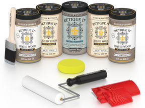 Retique It Weathered Wood Kit with Liquid Wood, Weathered Wood Gel Stain Alternative, yellow sponge, red graining tool, roller, and brush.