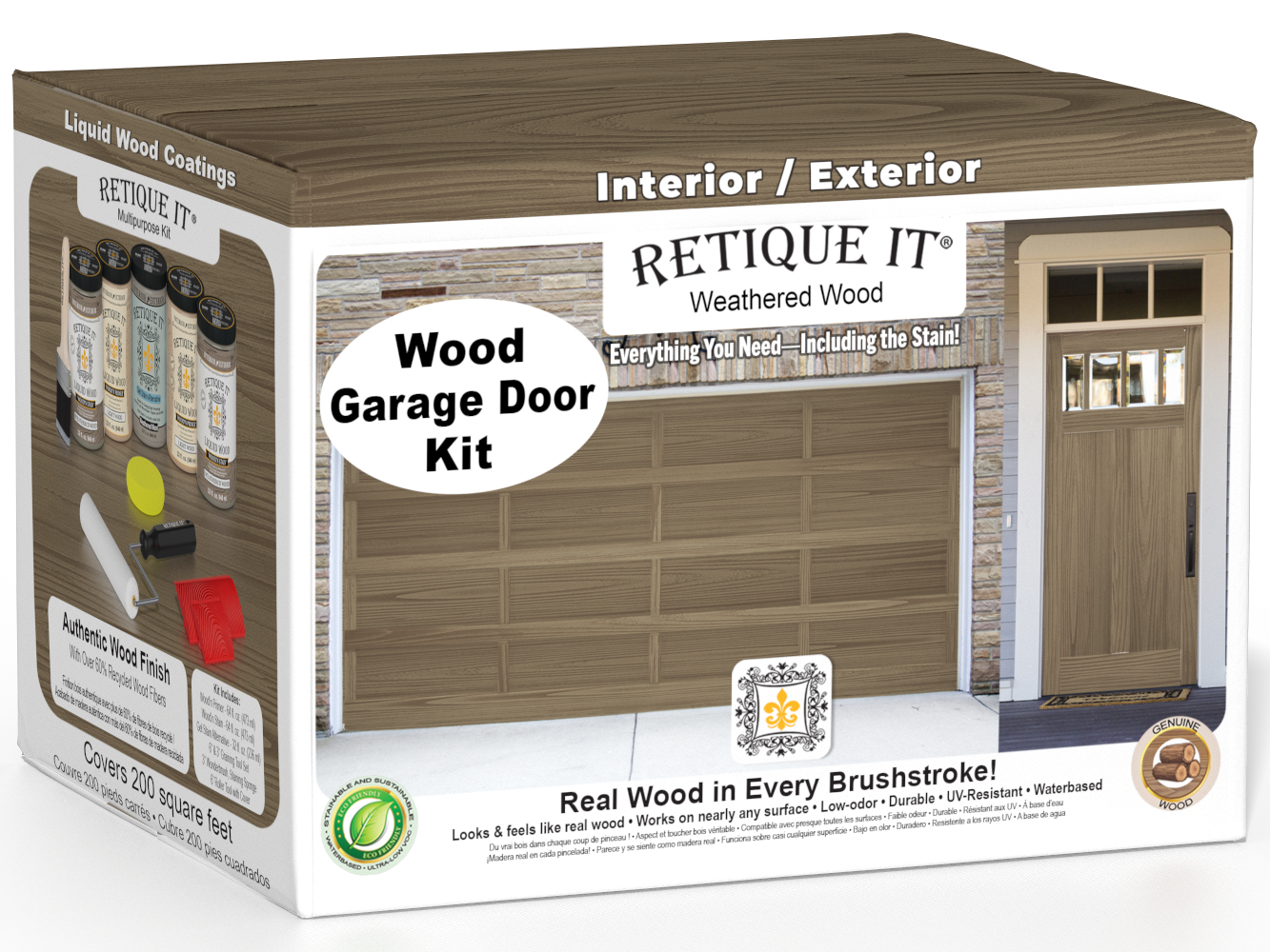Retique It Weathered Wood Wood Garage Door Kit box featuring garage door and entry door wood finish transformation.