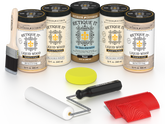 Retique It White Oak Kit with Liquid Wood, Pecan Gel Stain Alternative, yellow sponge, red graining tool, roller, and brush.