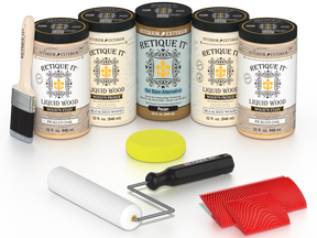 Retique It White Oak Kit with Liquid Wood, Pecan Gel Stain Alternative, yellow sponge, red graining tool, roller, and brush.