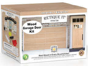 Retique It White Oak Wood Garage Door Kit box featuring garage door and entry door wood finish transformation.