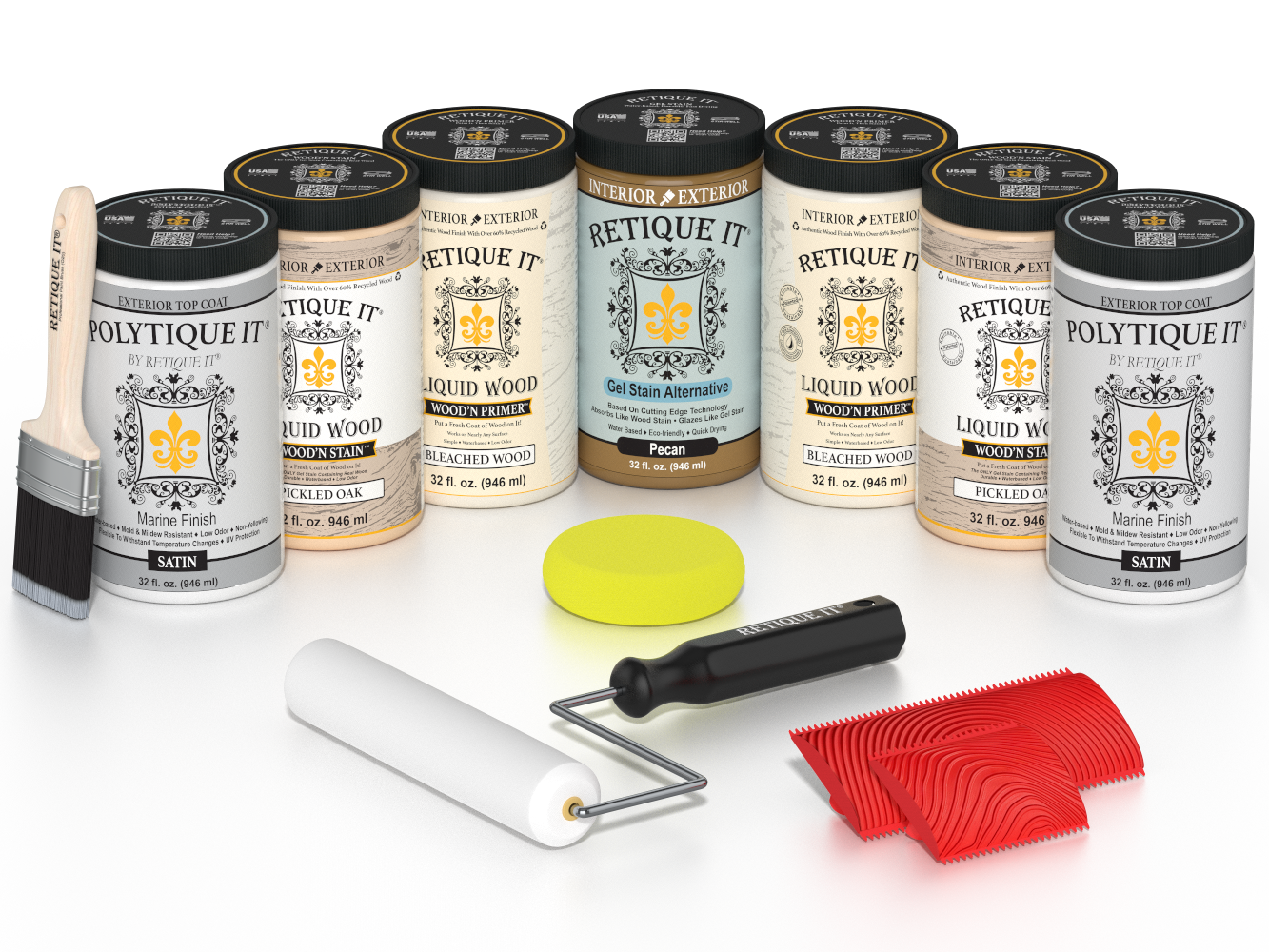 Retique It White Oak Kit with Liquid Wood, Pecan Gel Stain Alternative, Politique It Satin Finish, yellow sponge, red graining tool, roller, and brush.