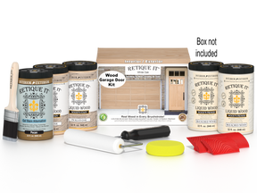 Retique It White Oak Wood Garage Door Kit with Liquid Wood, Pecan Gel Stain Alternative, yellow sponge, red graining tool, roller, brush, and kit box.