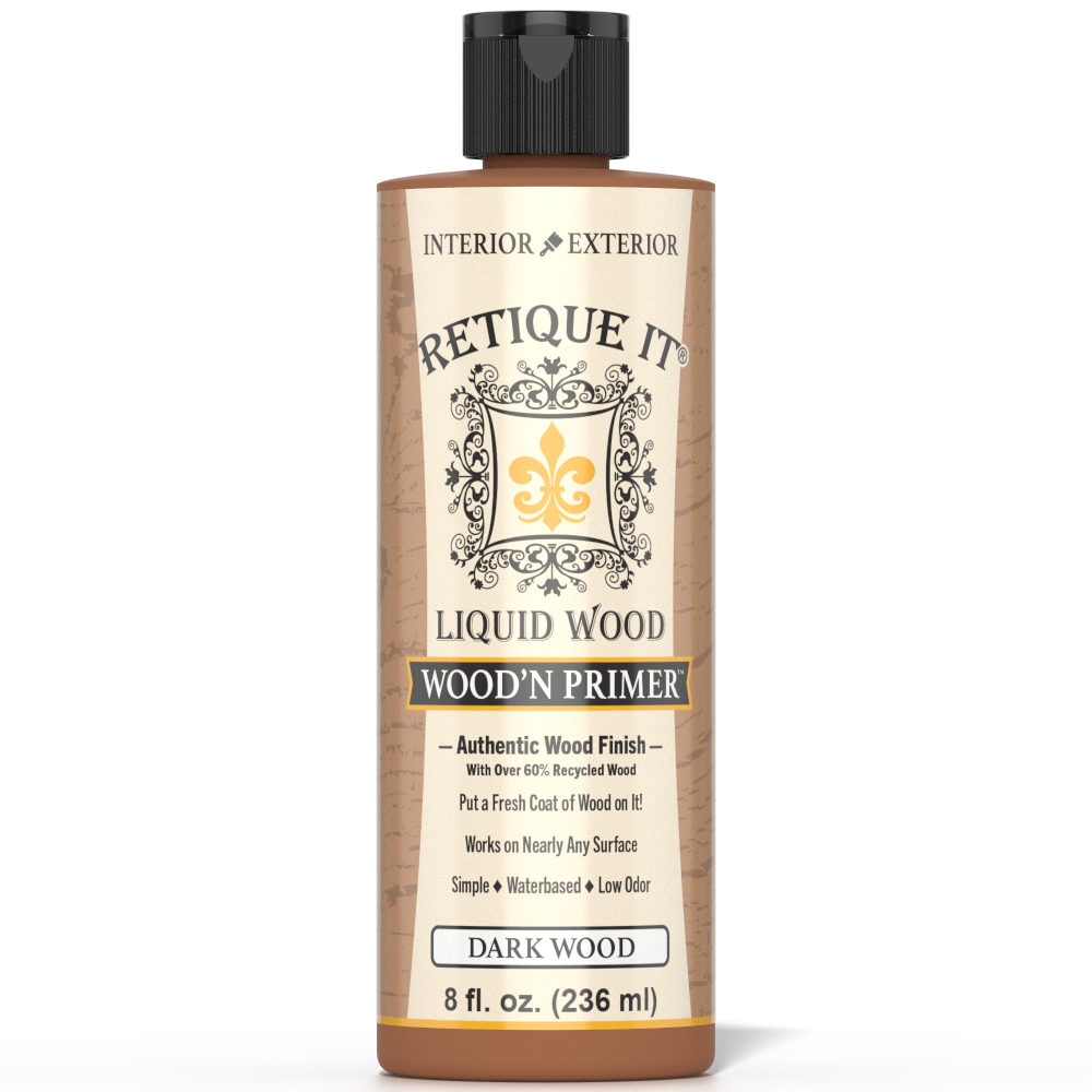 Retique It® Liquid Wood Wood'n Primer in Dark Wood, 8 fl oz, applied to a surface for a smooth, dark wood finish.