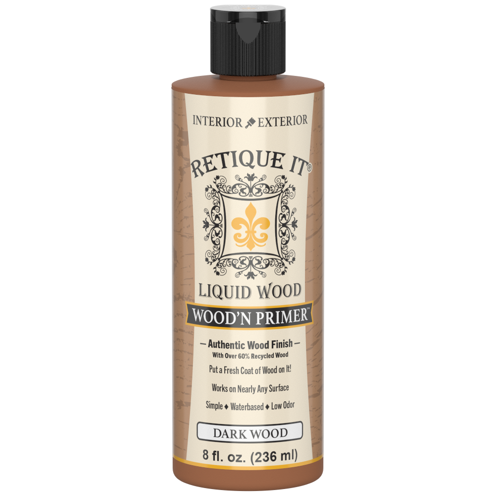 Retique It Liquid Wood Wood'n Primer in Dark Wood, 8 fl oz, showing the primer container with dark wood finish and label.
