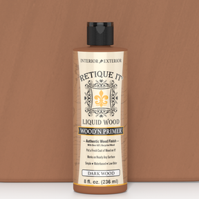 Swatch of Retique It® Liquid Wood Wood'n Primer in Dark Wood, 8 fl oz, showing the deep, rich wood color and texture.