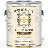 Liquid Wood Wood'n Primer by Retique It in bleached wood color, 128 fl oz, showing the primer can and wood surface preparation.