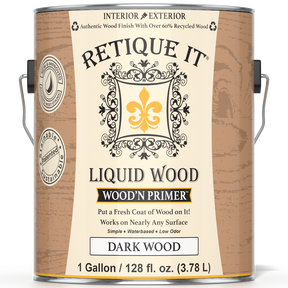 Retique It® Liquid Wood Wood'n Primer in dark wood finish, 128 fl oz, showing the primer container and dark wood texture.