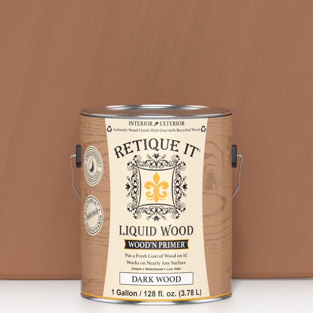 Dark wood Liquid Wood Wood'n Primer by Retique It® in a 128 fl oz container, shown as a sample swatch for wood surface preparation.