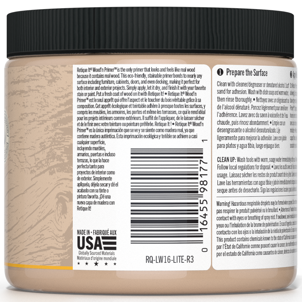 Retique It® Wood'n Primer in light wood, a primer for wood surfaces, shown from the back side in the image.