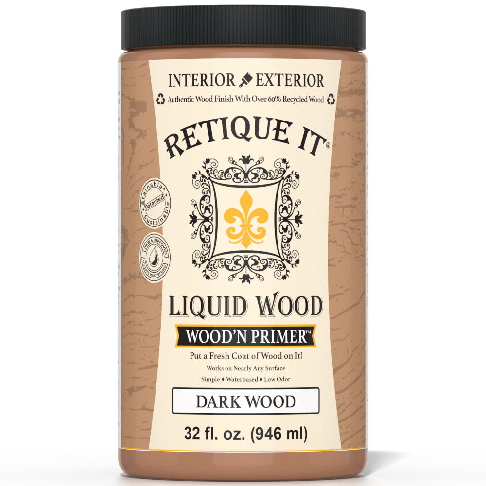 Liquid Wood Wood'n Primer by Retique It in dark wood finish, 32 fl oz, shown in a close-up of the primer bottle with dark wood background.