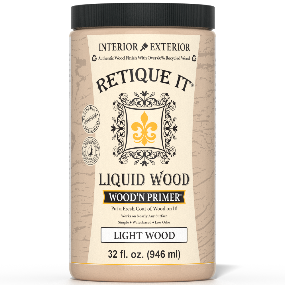 Retique It® Liquid Wood Wood'n Primer in Light Wood, 32 fl oz, showing the primer bottle with label and light wood finish.