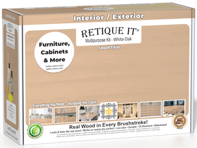 Retique It® Multi-purpose Smooth Finish Kit in White Oak, wood finish kit with applicator tools and sample wood surface.