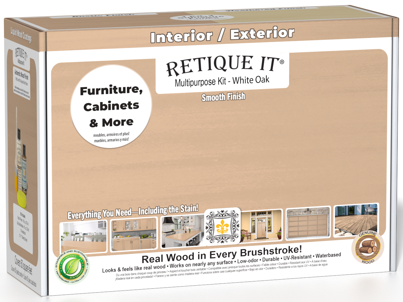 Retique It® White Oak multi-purpose wood finish kit with exterior top coat in matte finish, including brushes and applicators.