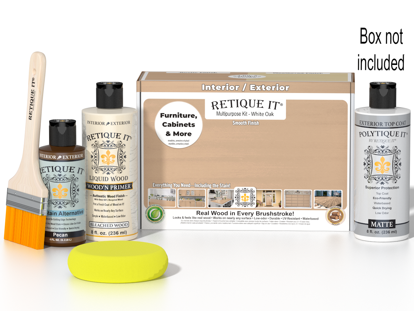 Retique It® Multi-purpose Smooth Finish Kit in White Oak for exterior use, includes top coat and matte wood finish components.