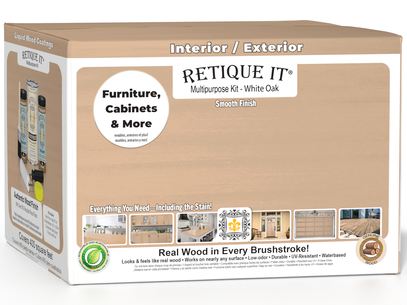 Retique It® White Oak Multi-purpose Smooth Finish Kit with four large wood finish bottles in a box, designed for interior top coats.