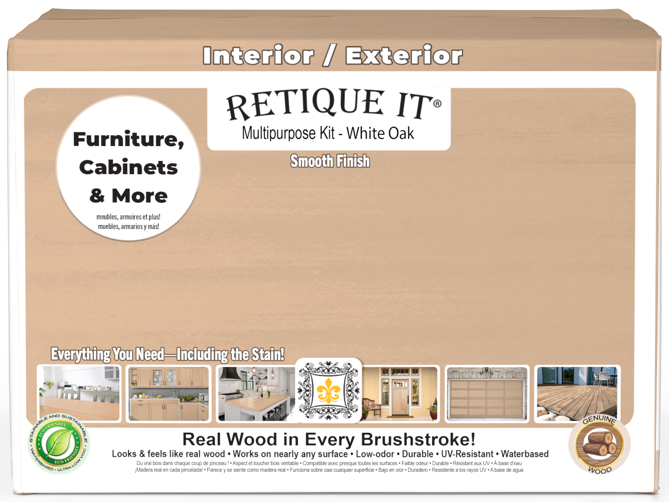 Retique It® Wood'n Finish Kit in White Oak, multi-purpose smooth finish set with four large containers, front view of the box.