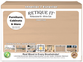 Retique It® Wood'n Finish Kit in White Oak, multi-purpose smooth finish set with four large containers, front view of the box.