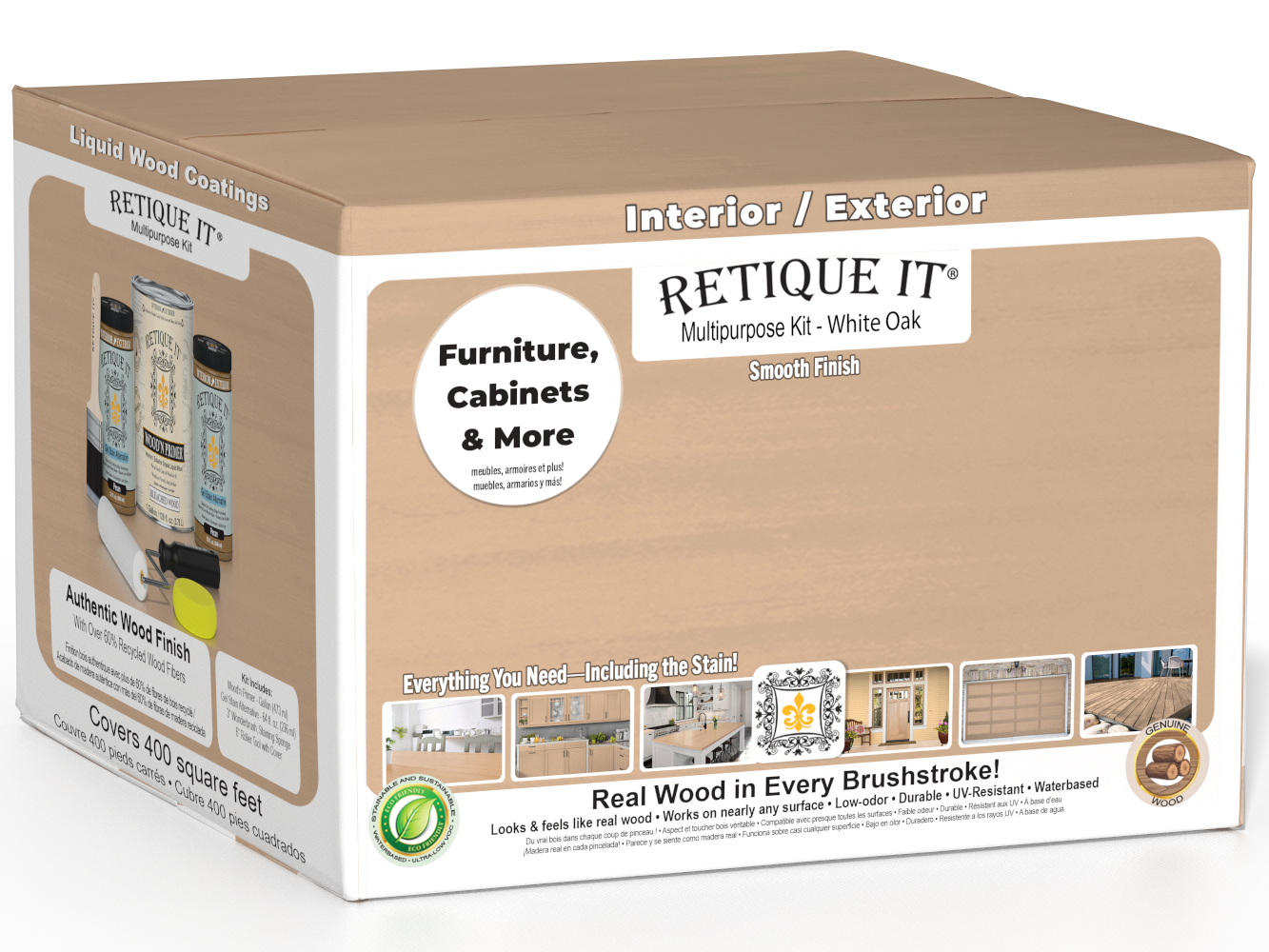 Retique It® Wood'n Finish Kit in white oak, multi-purpose smooth finish set with four large bottles for wood projects.