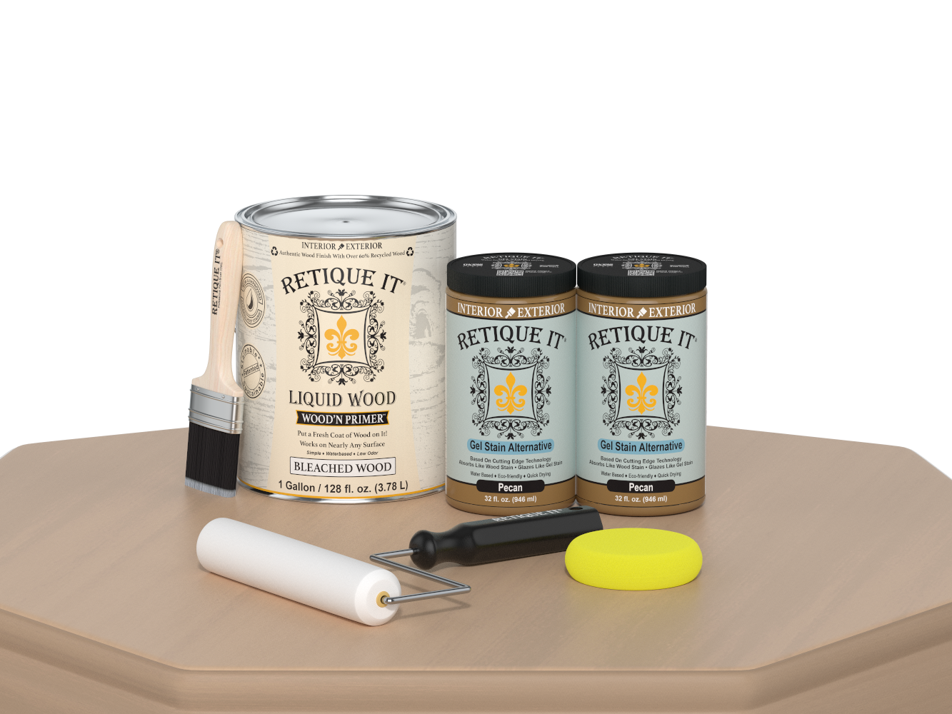 Retique It® White Oak Multi-purpose Smooth Finish Kit with four large bottles of satin interior top coat for wood furniture.
