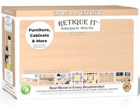 Large white oak wood finish kit by Retique It® with interior top coat in matte, featuring multiple tools for smooth woodworking projects.