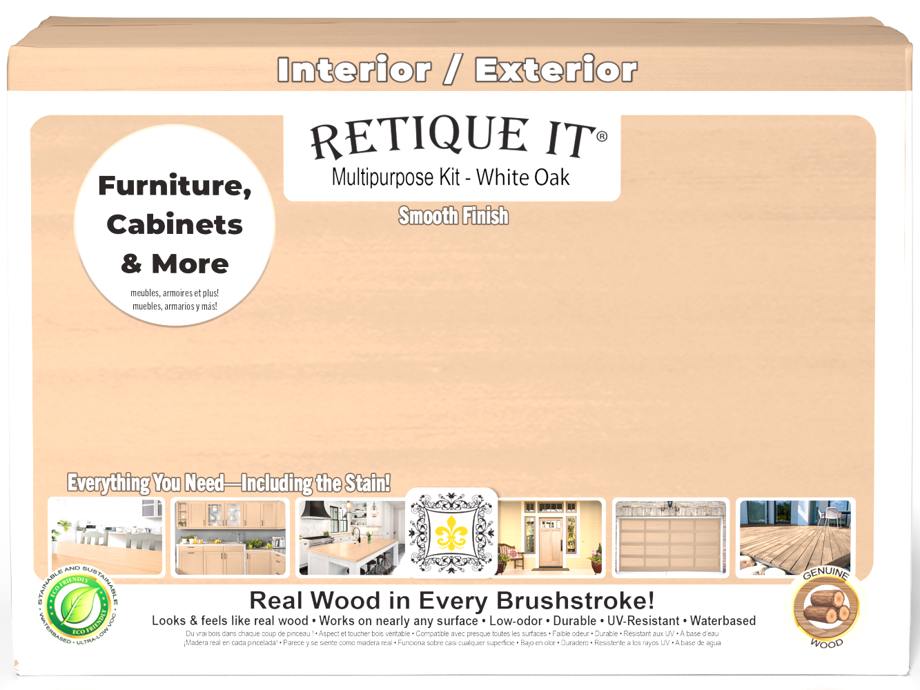 Retique It® large white oak wood finish kit with interior top coat in matte, featuring multiple tools for smooth woodworking projects.