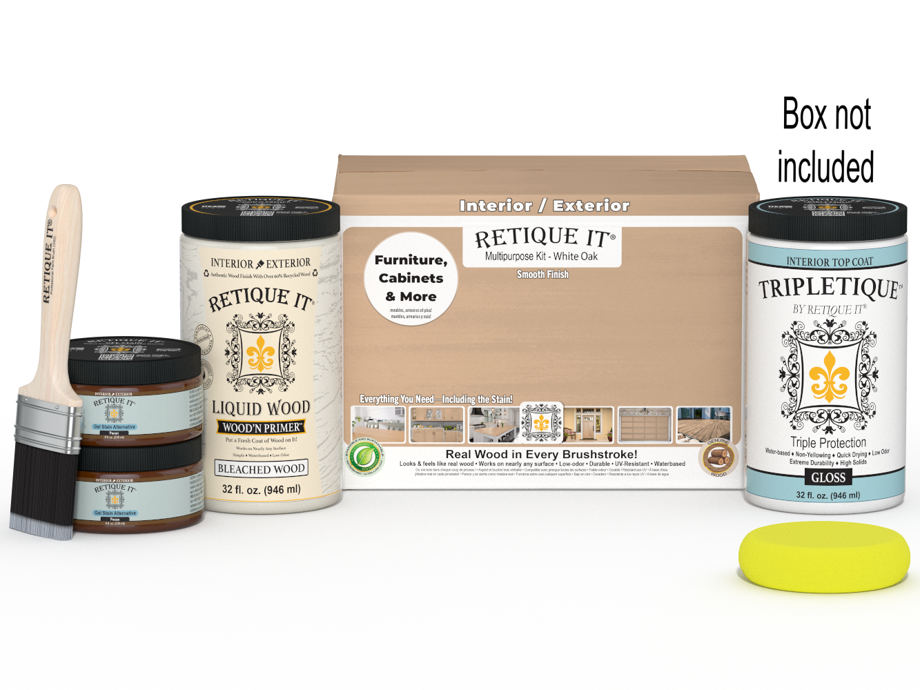 Large white oak wood finish kit by Retique It® with gloss top coat, ideal for interior wood projects and smooth finishing.