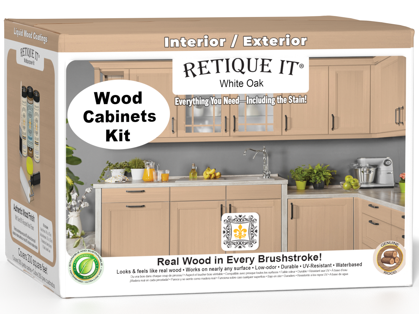 Retique It® Wood'n Cabinet Kit with 24 white oak doors, smooth finish, included stains, and cabinet components for kitchen renovation.
