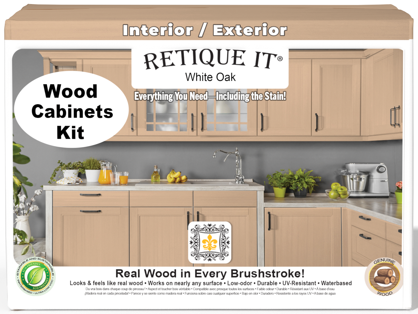 Retique It® Wood'n Cabinet Kit in white oak with 24 smooth doors, stained for a sleek, modern kitchen cabinet look.