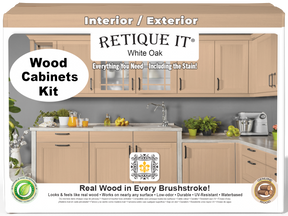 Retique It® Wood'n Cabinet Kit in white oak with 24 smooth doors, stained for a sleek, modern kitchen cabinet look.