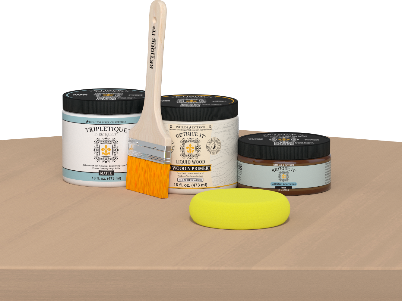 Retique It® Wood'n Finish Kit in White Oak with matte top coat, showing a smooth, natural wood finish on a wooden surface.