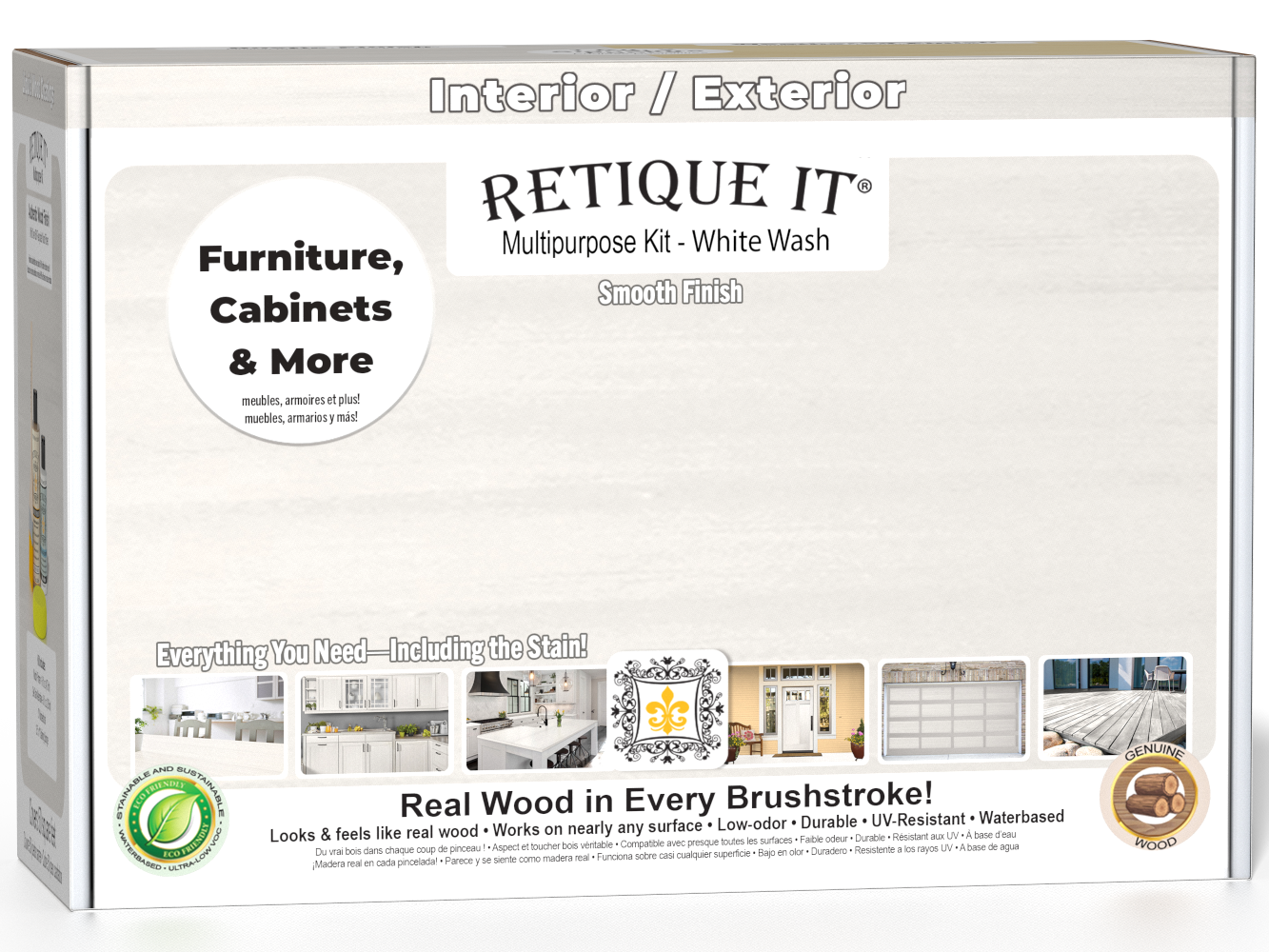 Retique It® Wood'n Finish Kits white wash interior top coat in a multi-purpose smooth finish kit box, showing wood grain and application tools.
