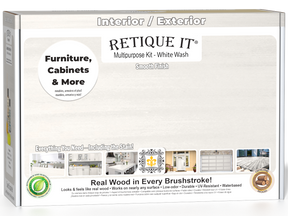 Retique It® Wood'n Finish Kits white wash interior top coat in a multi-purpose smooth finish kit box, showing wood grain and application tools.