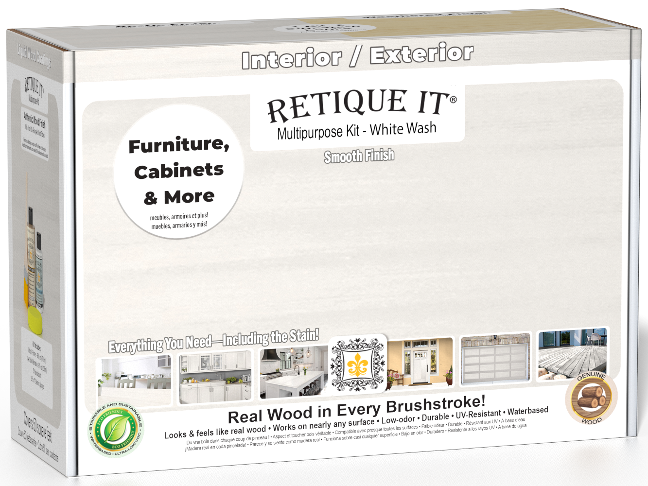 Retique It® Multi-purpose Smooth Finish Kit in White Wash for interior wood projects, includes top coat and application tools.