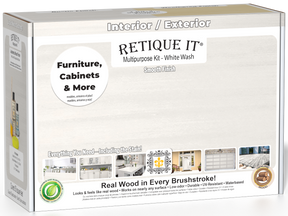 Retique It® Multi-purpose Smooth Finish Kit in White Wash for interior wood projects, includes top coat and application tools.