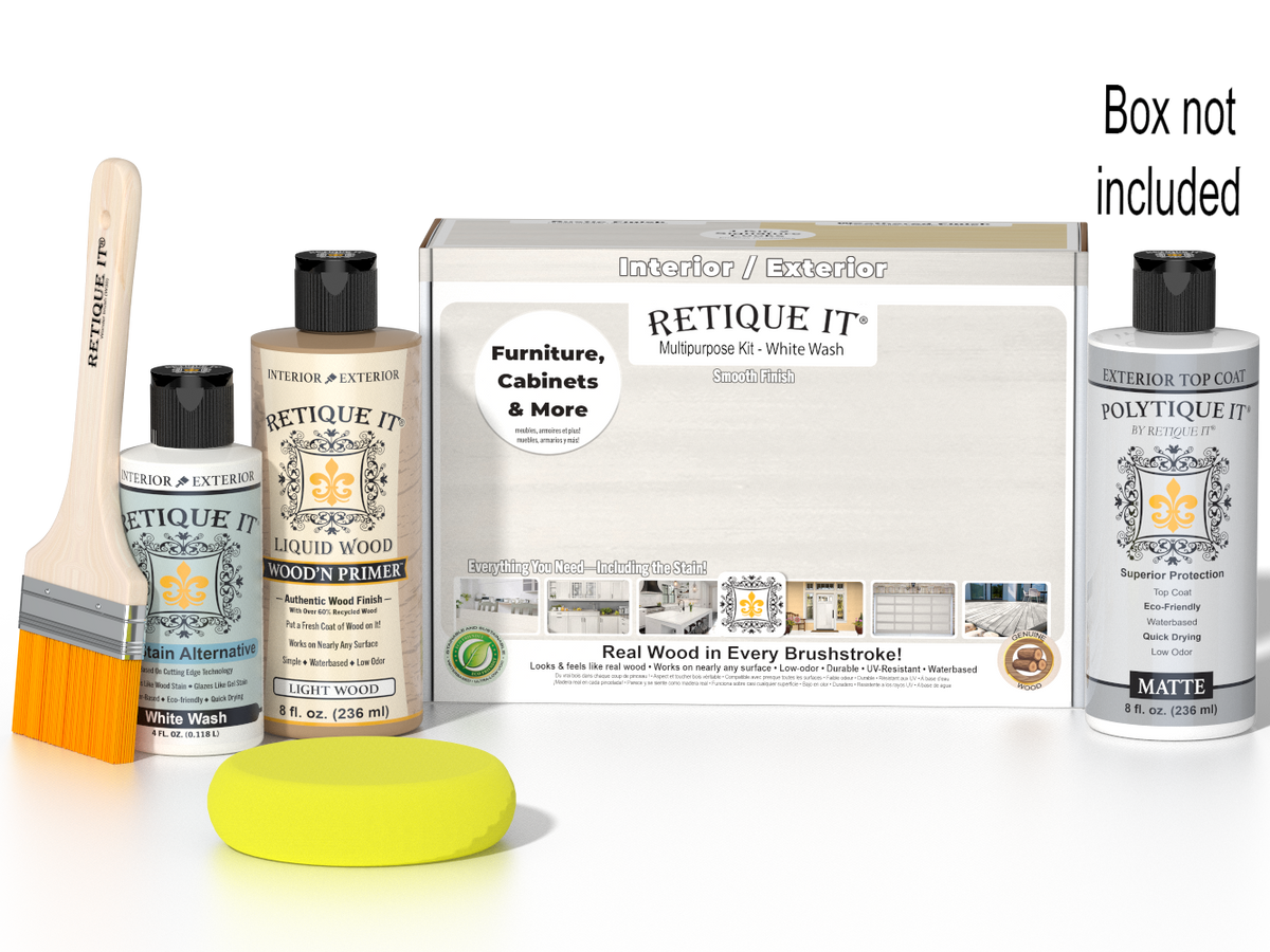 Retique It® Wood'n Finish Kit in White Wash for exterior top coat, smooth matte finish on wood surfaces.