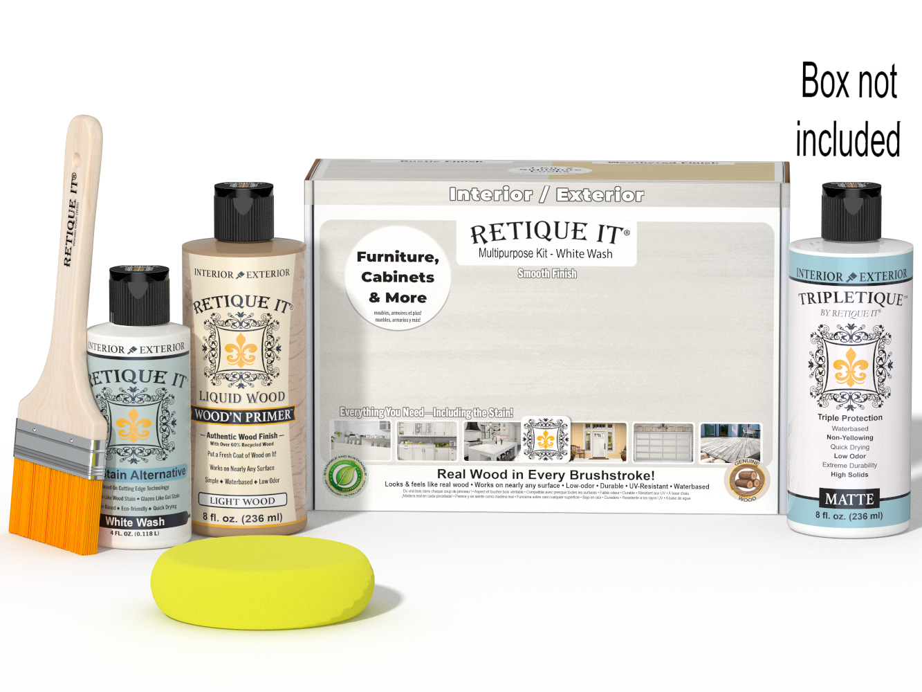 Retique It® wood finish kit with white wash interior top coat, including brush and wood sample for smooth, multi-purpose wood finishing.