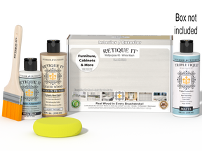 Retique It® wood finish kit with white wash interior top coat, including brush and wood sample for smooth, multi-purpose wood finishing.