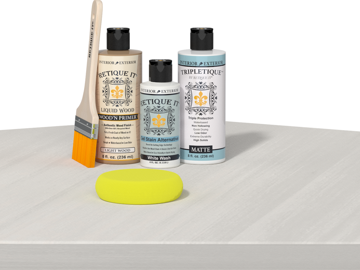 Retique It® wood finish kit featuring white wash interior top coat for smooth, multi-purpose wood furniture finishing.