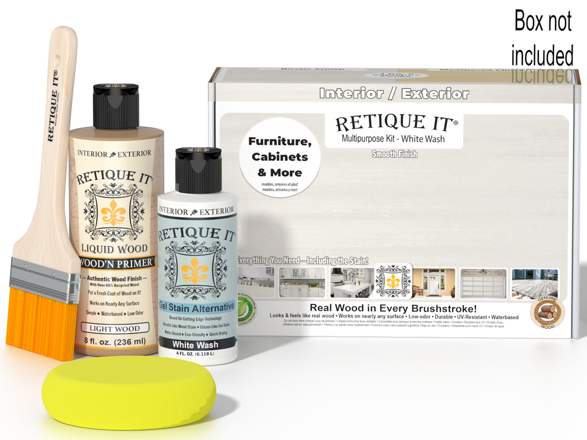 Retique It® Multi-purpose Smooth Finish Kit in White Wash for wood finishing, shown in a box with finishing tools and supplies.
