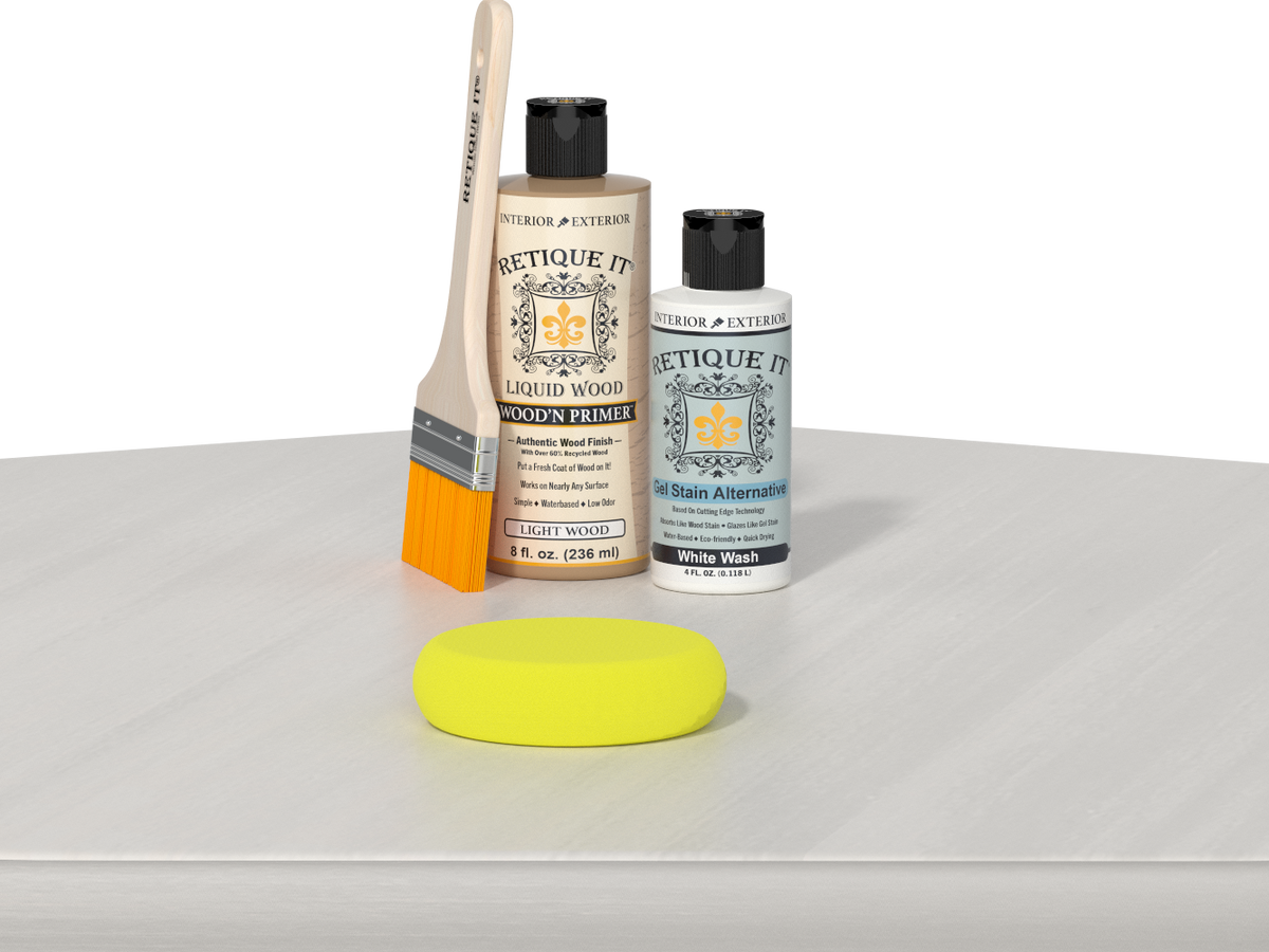 Retique It® Multi-purpose Smooth Finish Kit in White Wash, wood finish kit with smooth application, shown on a wooden table.