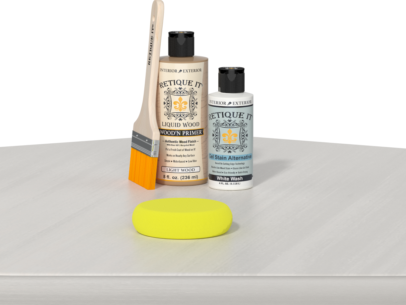 Retique It® Multi-purpose Smooth Finish Kit in White Wash, wood finish kit with smooth application, shown on a wooden table.